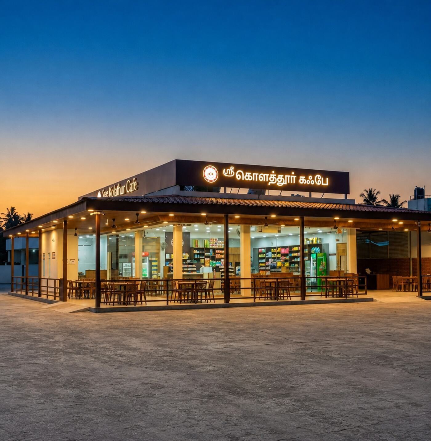 Sree Kolathur Cafe glowing at dusk — home of our party hall