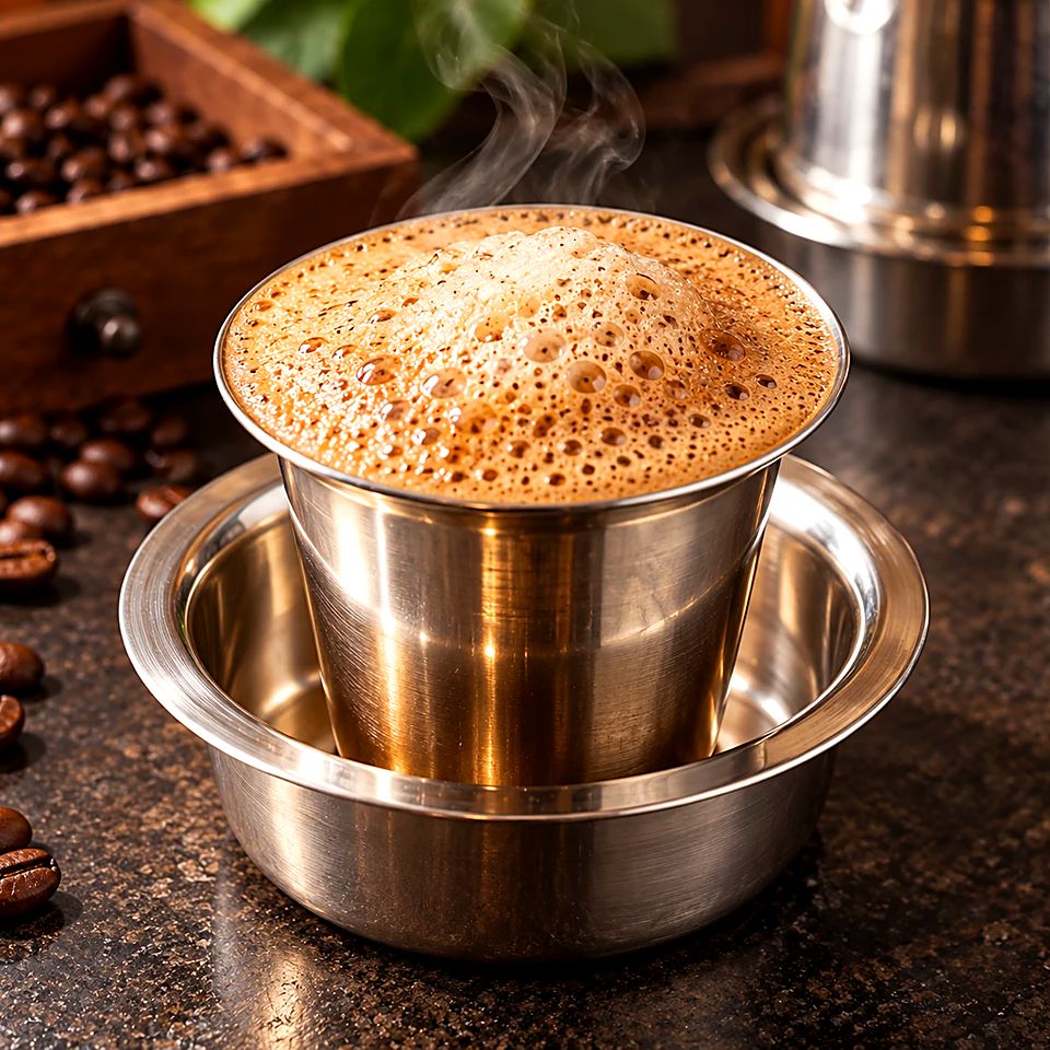 SKC Filter Coffee — frothy South Indian filter coffee in a steel tumbler and dabara, with roasted coffee beans
