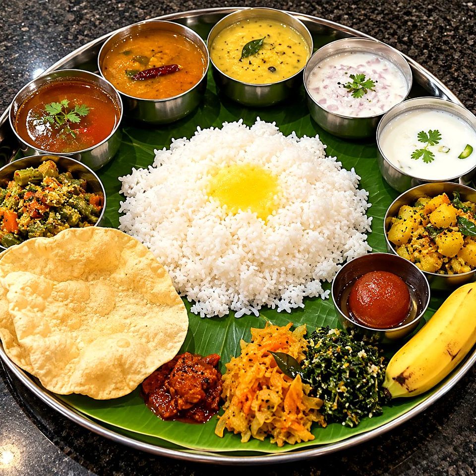 SKC Special Meals — rice with ghee, sambar, rasam, dal, poriyal, curd, appalam, pickle, gulab jamun and banana on a banana leaf